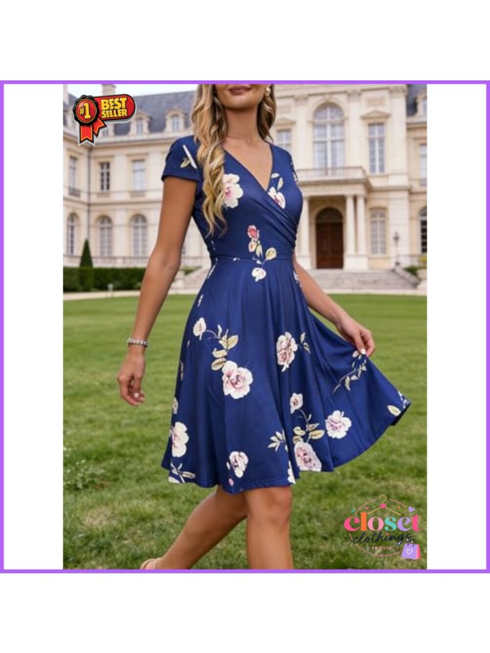 Women's Floral V Neck Midi Dress with Pockets Maternity Graduation Party - Picture 2 of 5